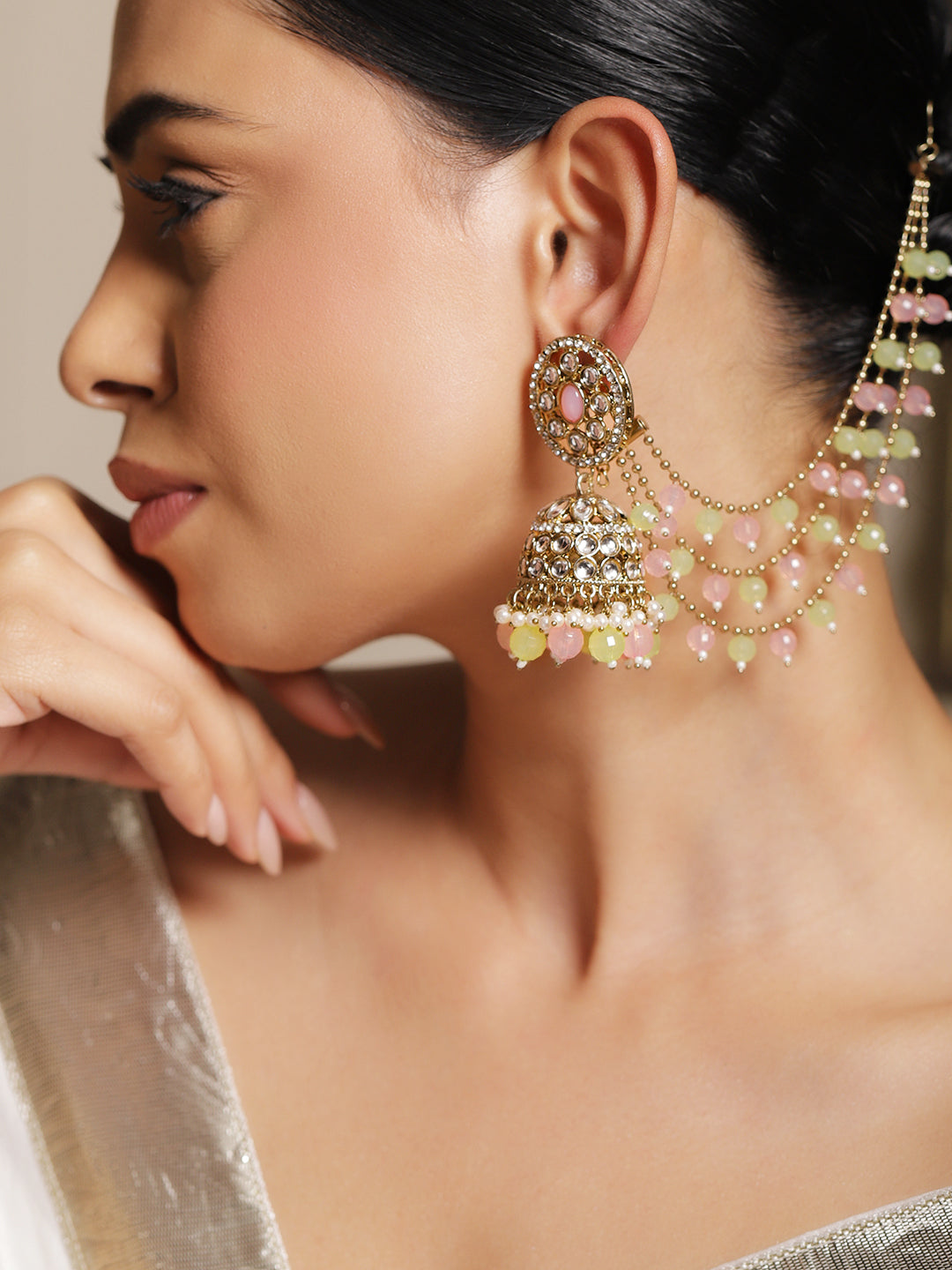 Blooming Kundan Jhumka with Kaan Chain フリーサイズ