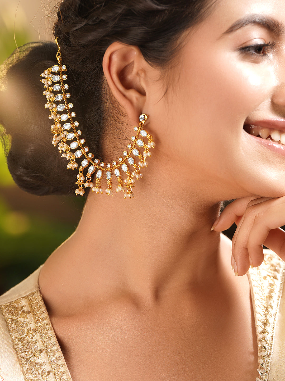 Gold Plated Brass Kundan Glass Pearl Ear Kaan Chain Earrings フリーサイズ