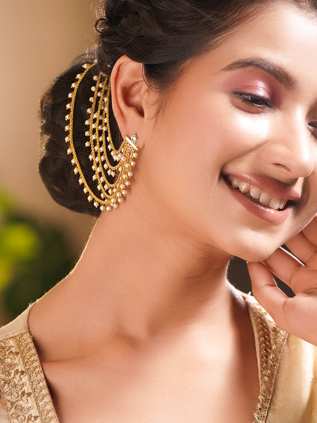 Gold Plated Brass Pearl Multi Layer Ear Kaan Chain Earrings フリーサイズ