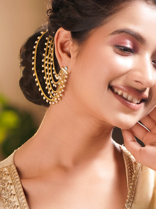 Gold Plated Brass Pearl Multi Layer Ear Kaan Chain Earrings フリーサイズ