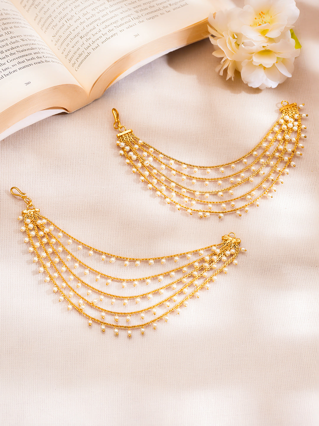 Gold Plated Brass Pearl Multi Layer Ear Kaan Chain Earrings フリーサイズ