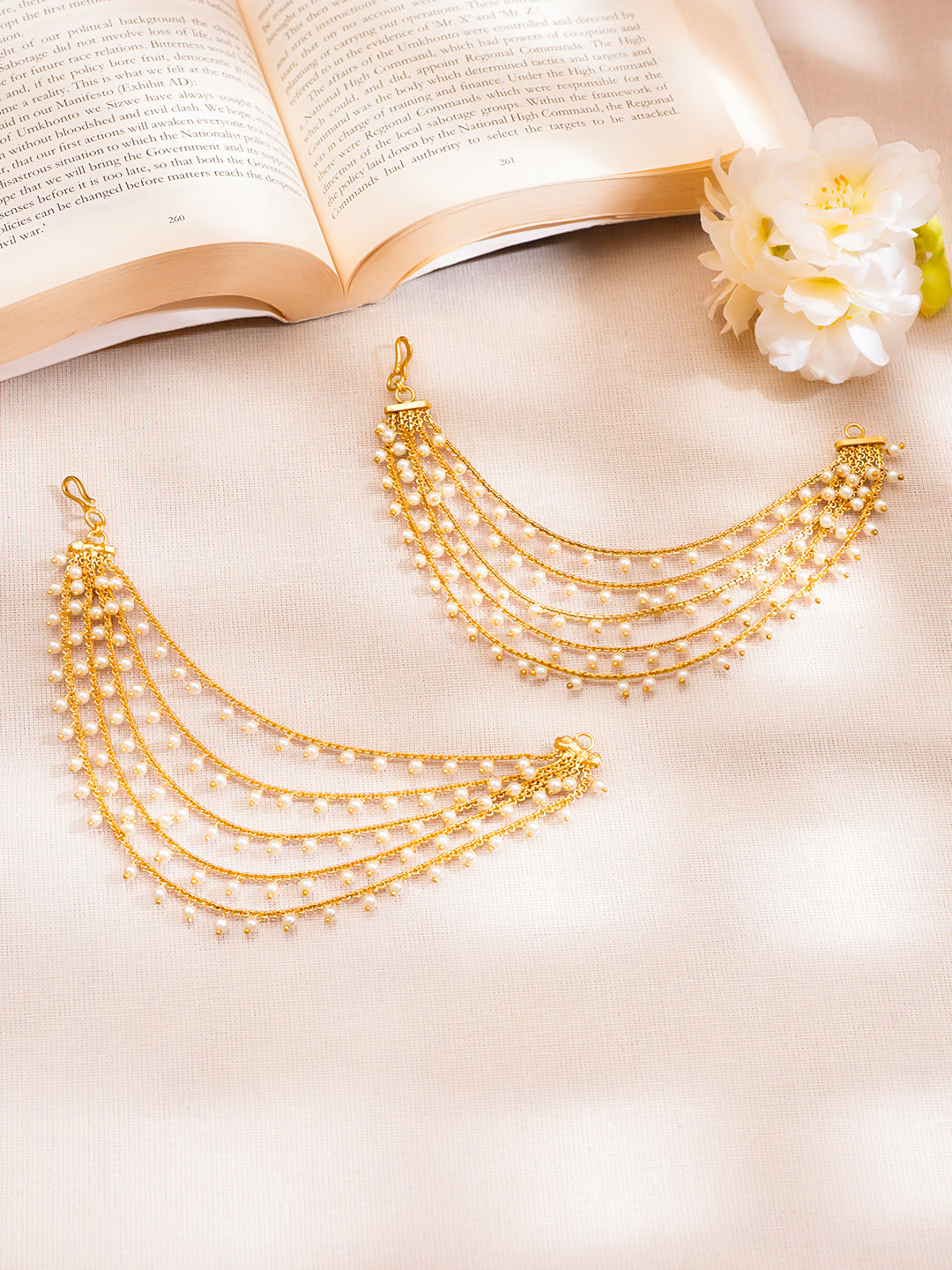 Gold Plated Brass Pearl Multi Layer Ear Kaan Chain Earrings フリーサイズ