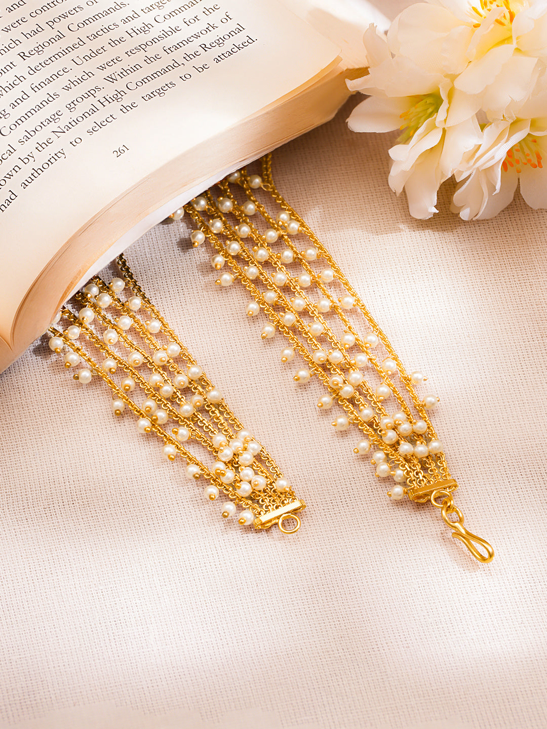 Gold Plated Brass Pearl Multi Layer Ear Kaan Chain Earrings フリーサイズ