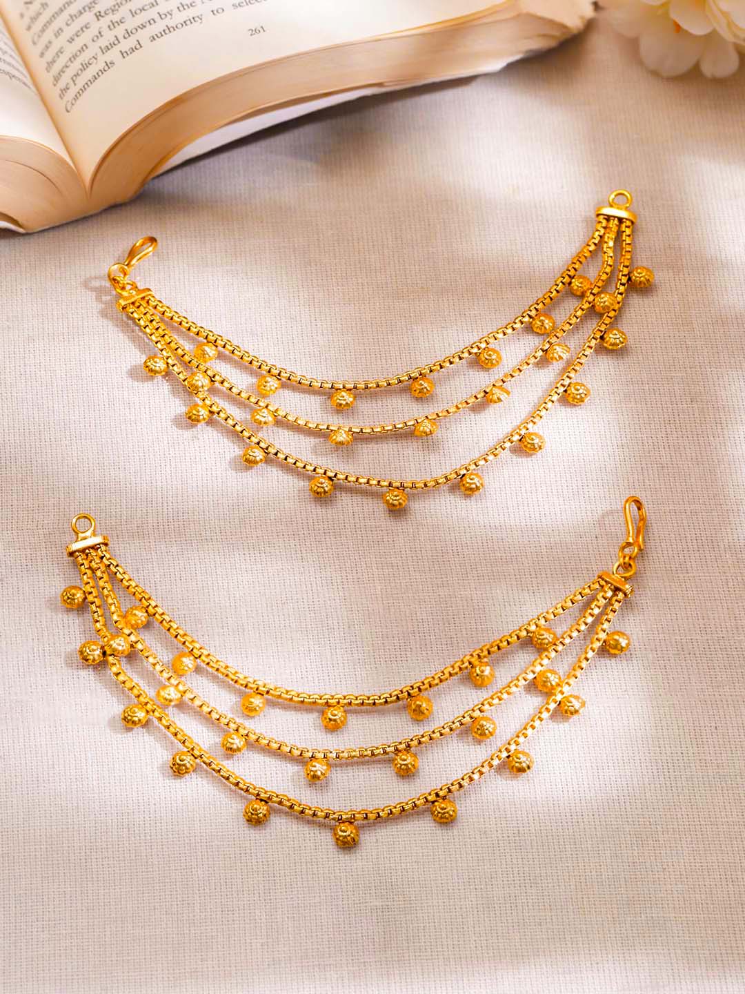 Gold Plated Brass Multi Layer Gold Bead Ear Kaan Chain Earrings フリーサイズ