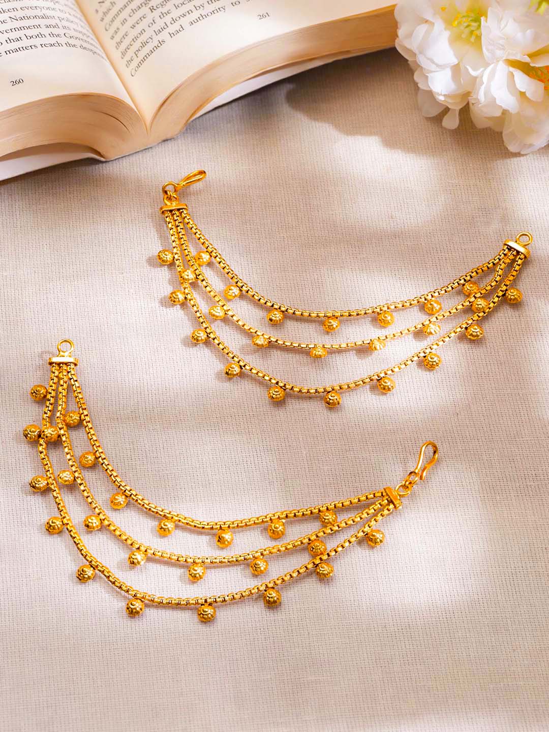 Gold Plated Brass Multi Layer Gold Bead Ear Kaan Chain Earrings フリーサイズ