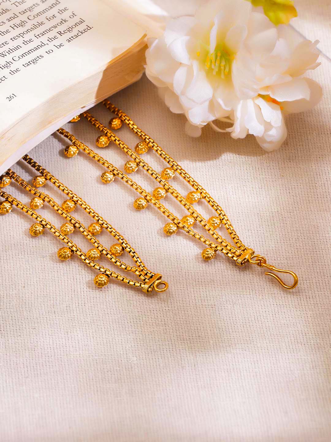 Gold Plated Brass Multi Layer Gold Bead Ear Kaan Chain Earrings フリーサイズ