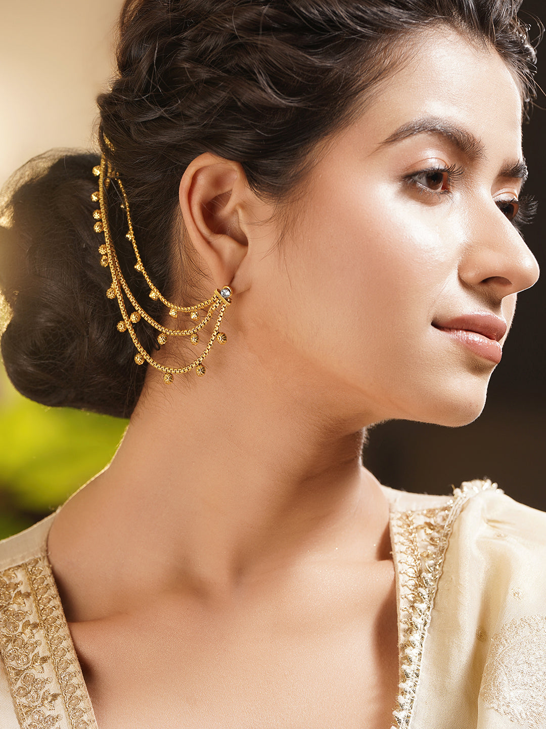 Gold Plated Brass Multi Layer Gold Bead Ear Kaan Chain Earrings フリーサイズ