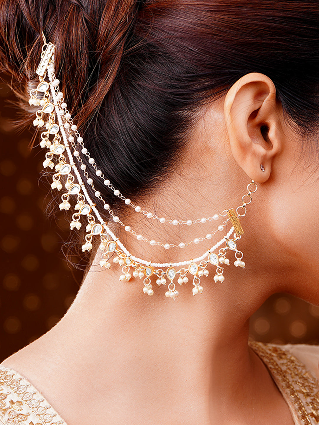 【Rubans】 Set of 2 Gold Plated Pearl Beaded Kundan Layered Kaan Chain｜ゴールドメッキ パールビーズ クンダン レイヤード カーンチェーン イヤリング（左右2本セット）