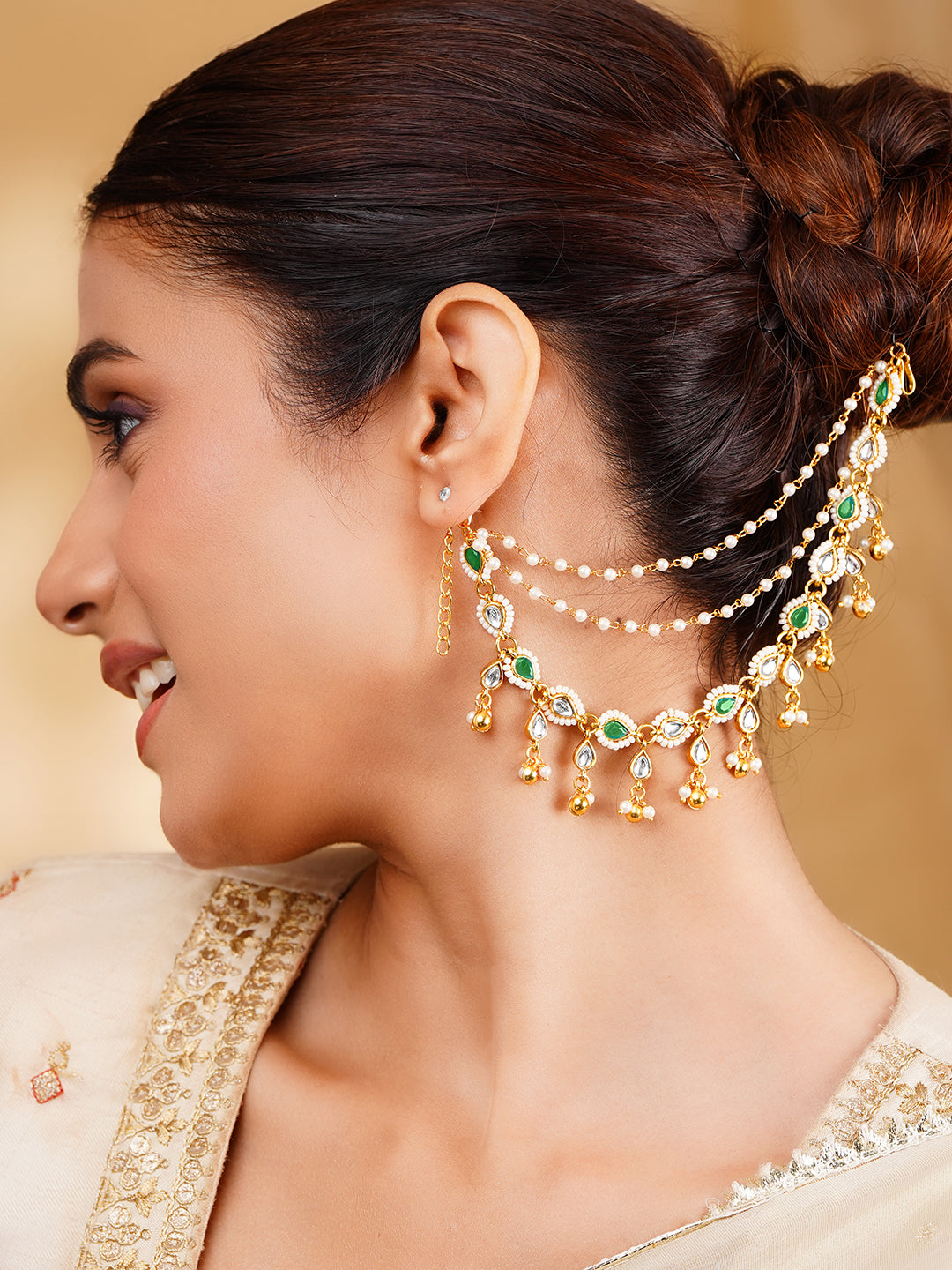 Kundan Pearl Multi Chain Ear Kaan Earrings フリーサイズ