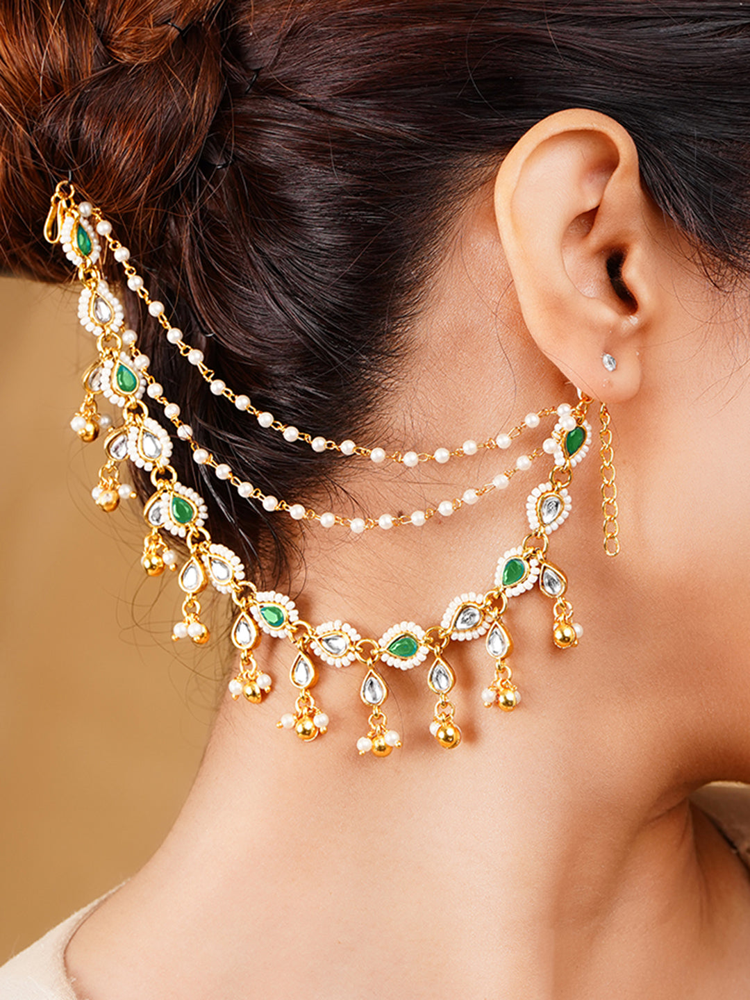 Kundan Pearl Multi Chain Ear Kaan Earrings フリーサイズ