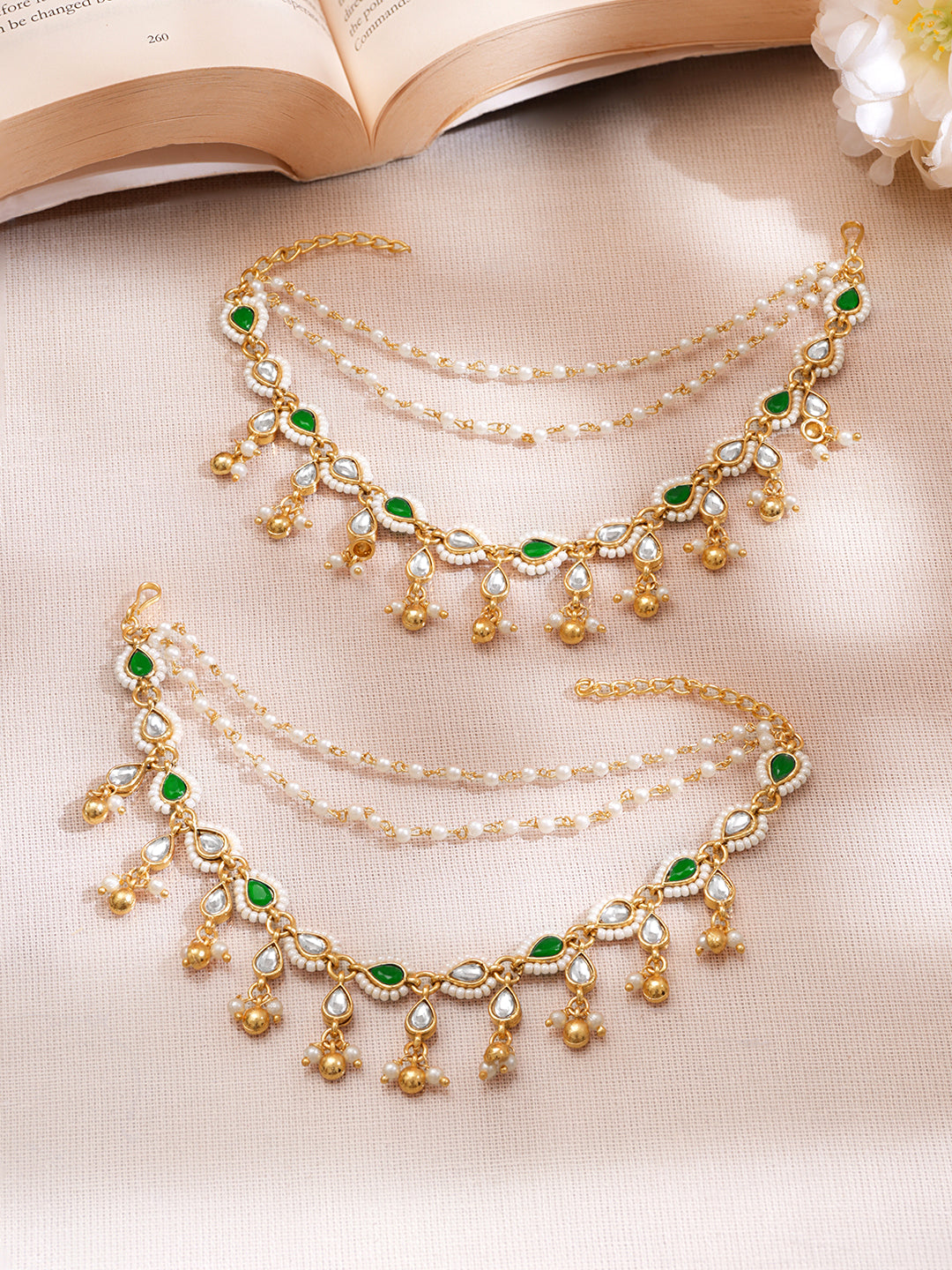 Kundan Pearl Multi Chain Ear Kaan Earrings フリーサイズ