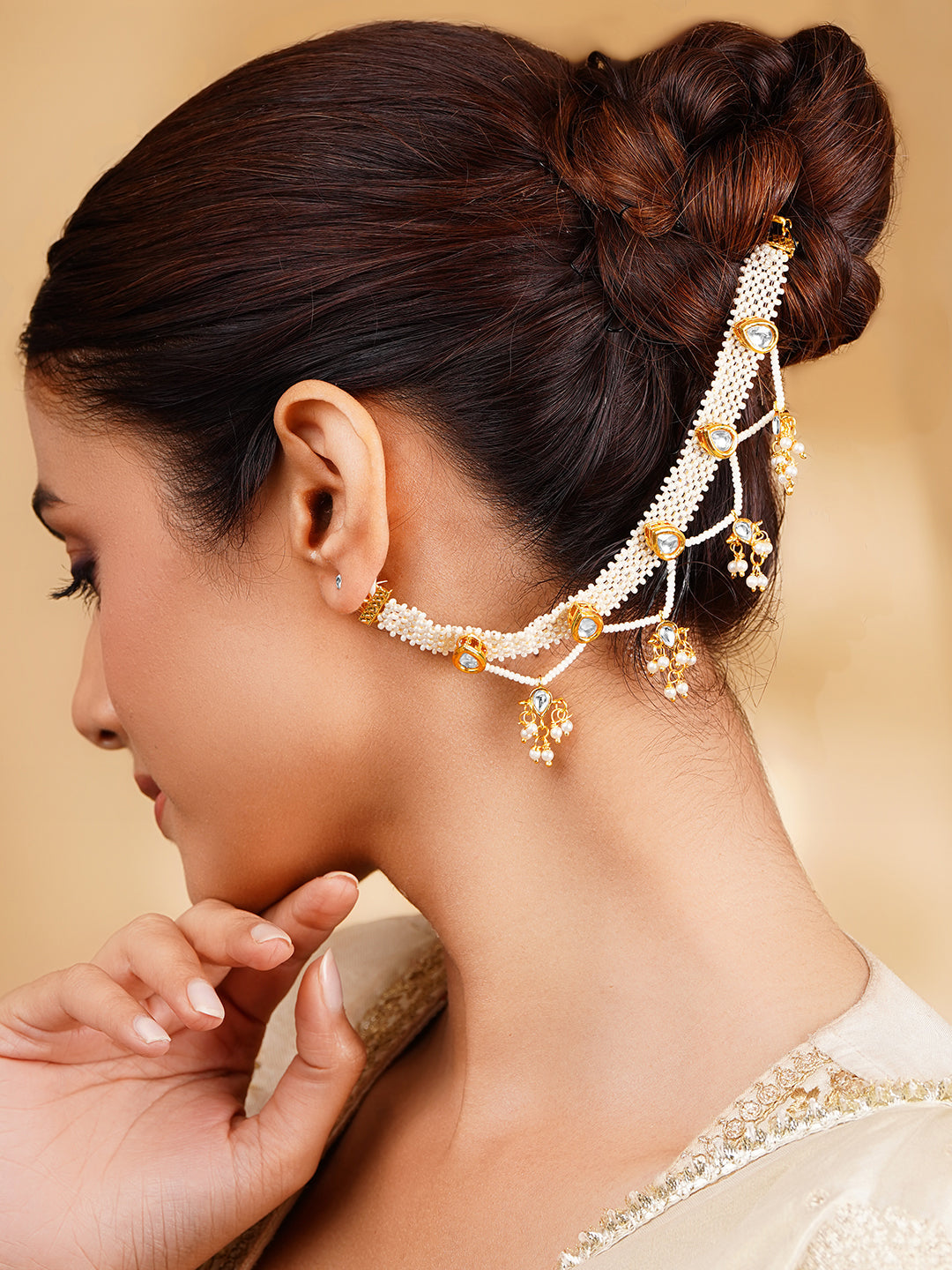 Pearl Kundan Kaan Chain Earrings フリーサイズ