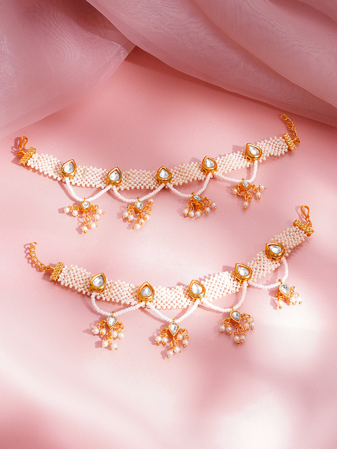 Pearl Kundan Kaan Chain Earrings フリーサイズ