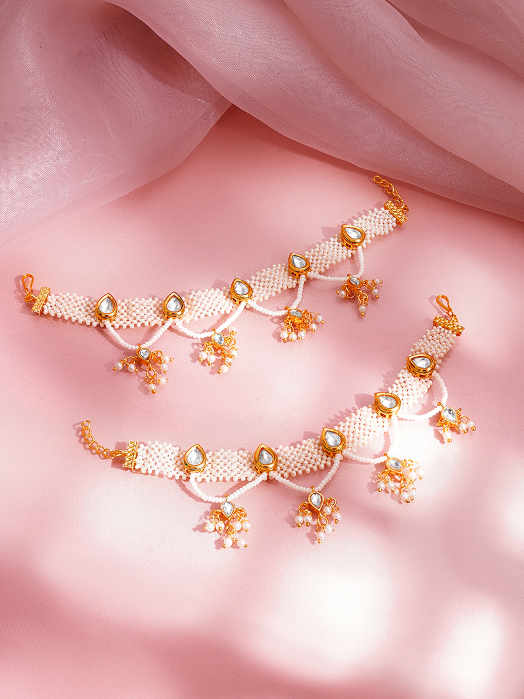 Pearl Kundan Kaan Chain Earrings フリーサイズ