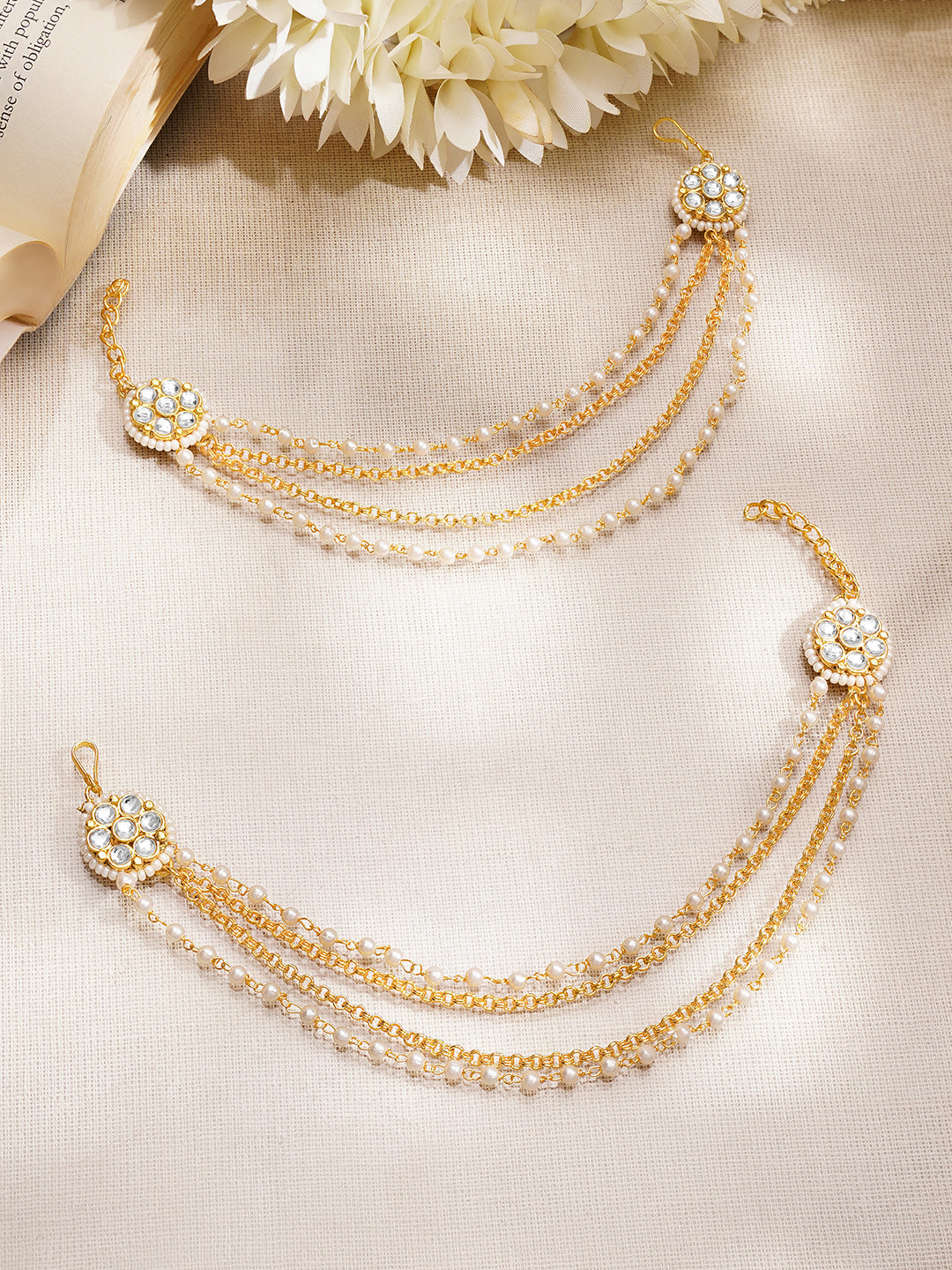 【Rubans】 Gold Plated Kundan Pearl Beaded Layered Ear Chain Earrings｜ゴールドメッキ クンダン パールビーズ レイヤード イヤーチェーン イヤリング