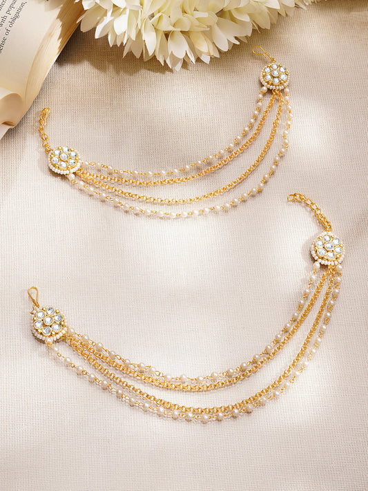 【Rubans】 Gold Plated Kundan Pearl Beaded Layered Ear Chain Earrings｜ゴールドメッキ クンダン パールビーズ レイヤード イヤーチェーン イヤリング