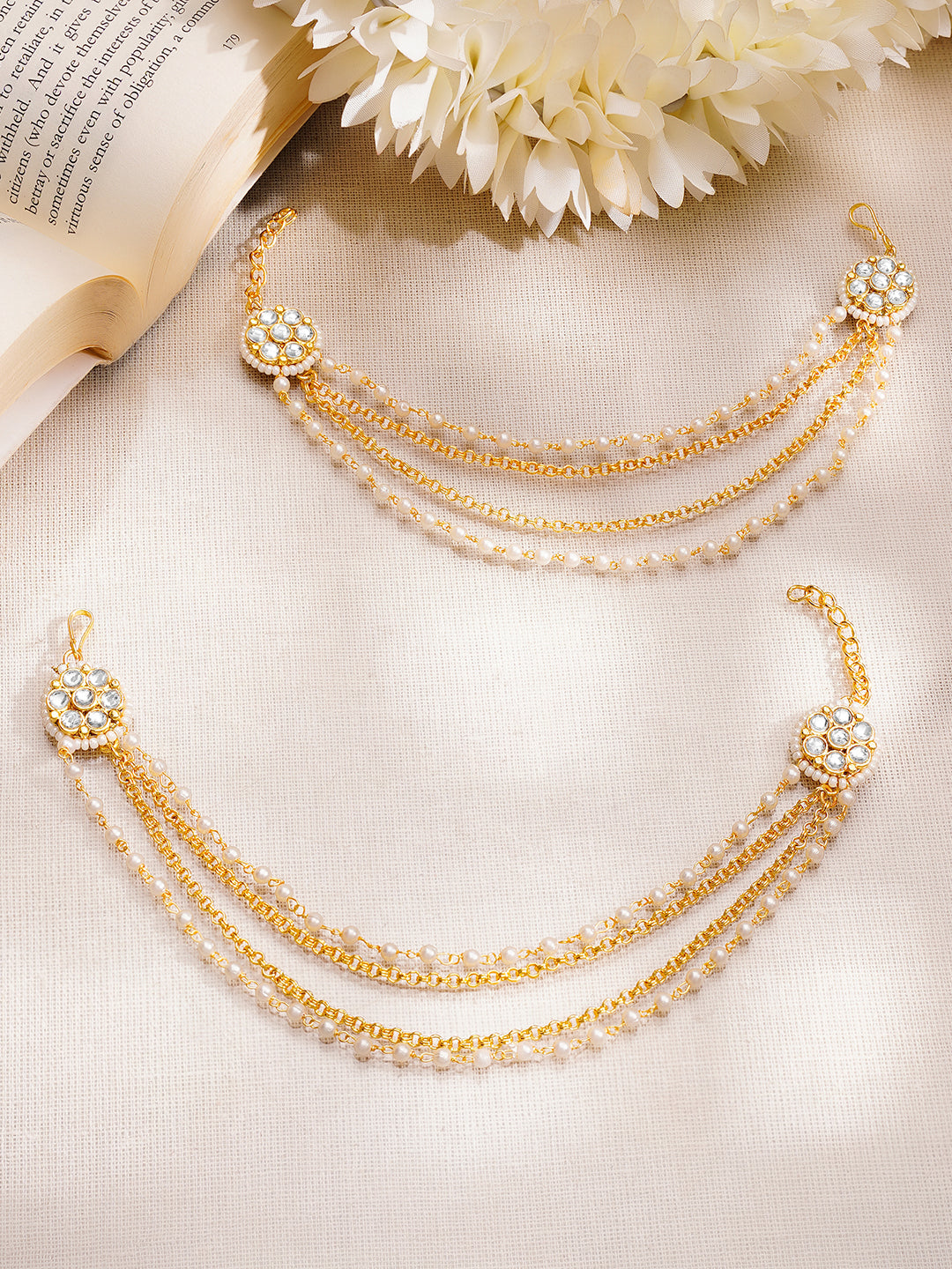 【Rubans】 Gold Plated Kundan Pearl Beaded Layered Ear Chain Earrings｜ゴールドメッキ クンダン パールビーズ レイヤード イヤーチェーン イヤリング