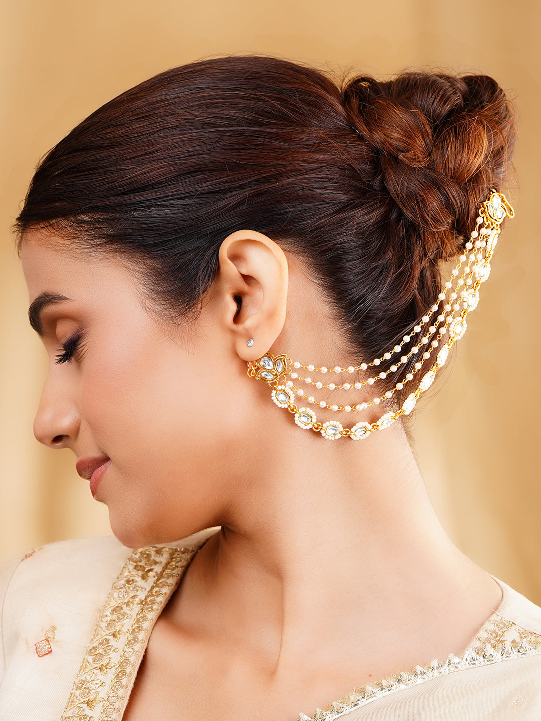 Kundan Multi Layer Pearl Ear Kaan Chain Earrings フリーサイズ