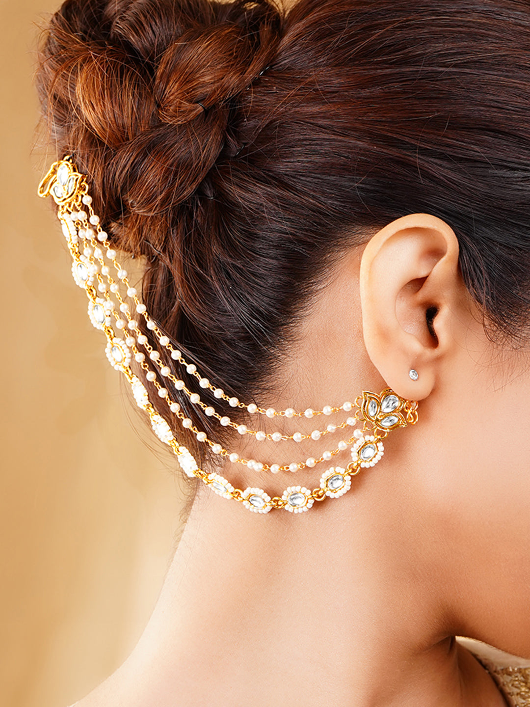 Kundan Multi Layer Pearl Ear Kaan Chain Earrings フリーサイズ