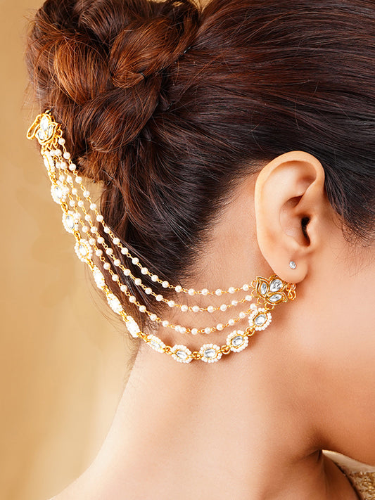 Kundan Multi Layer Pearl Ear Kaan Chain Earrings フリーサイズ