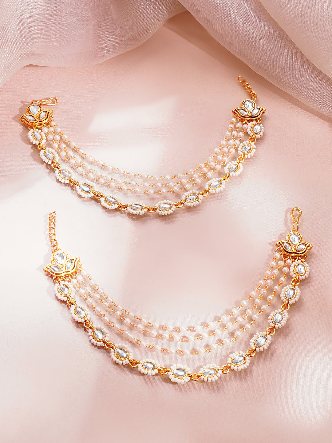 Kundan Multi Layer Pearl Ear Kaan Chain Earrings フリーサイズ