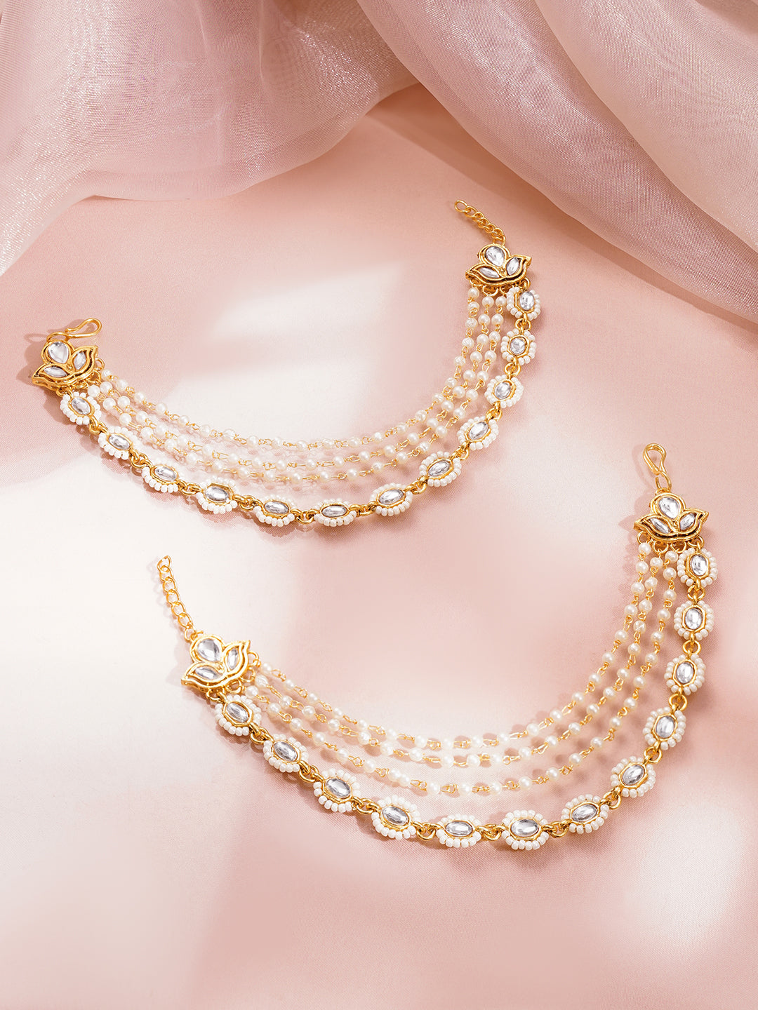 Kundan Multi Layer Pearl Ear Kaan Chain Earrings フリーサイズ