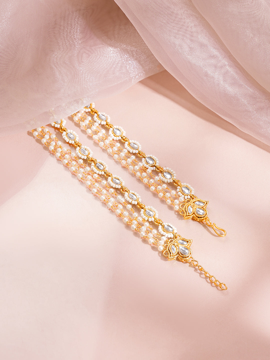 Kundan Multi Layer Pearl Ear Kaan Chain Earrings フリーサイズ