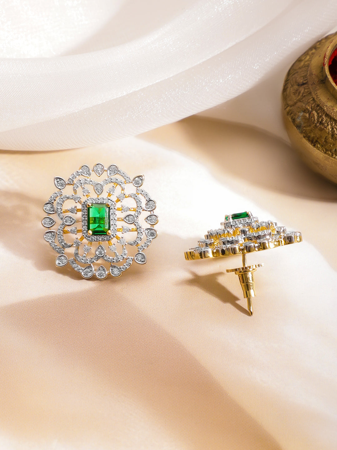 Cubic Green Studded American Diamond Zirconia Earrings フリーサイズ