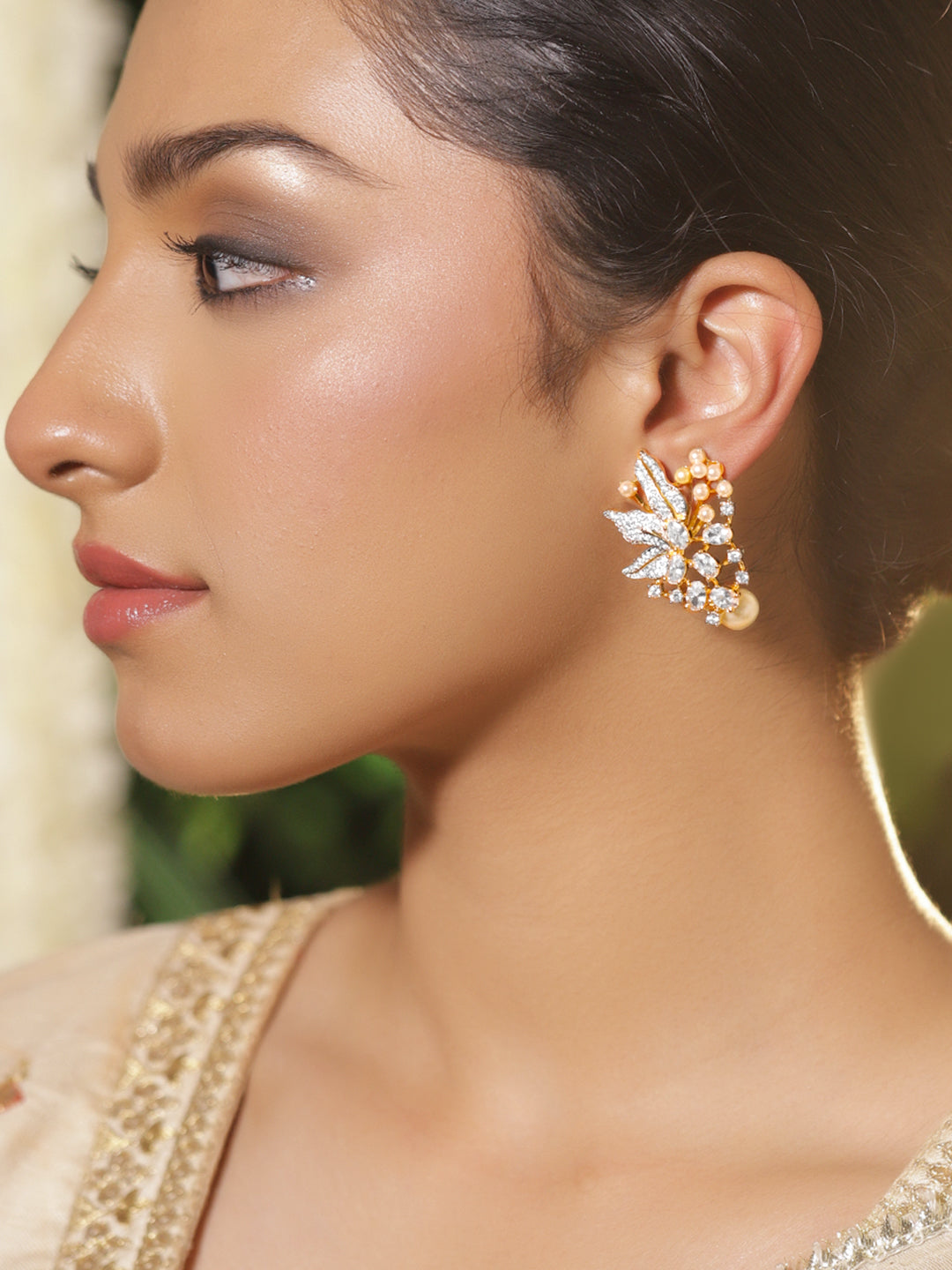 American Diamond Zirconia Pearl Beaded Stud Earrings フリーサイズ