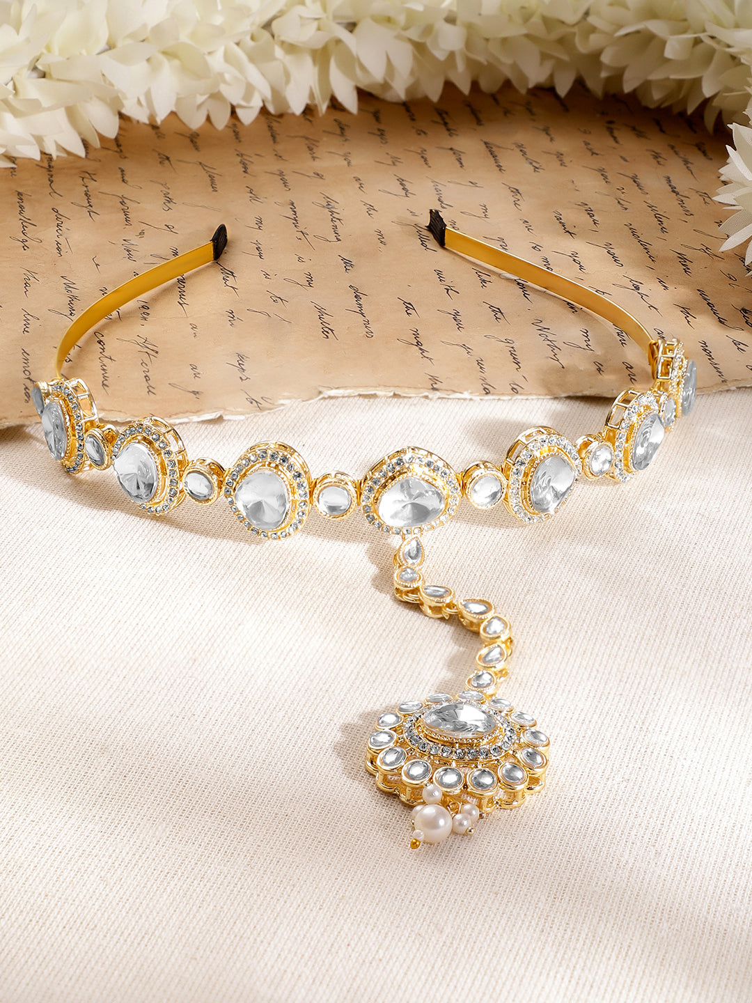 Gold Toned White Studded Kundan Mathapatti フリーサイズ