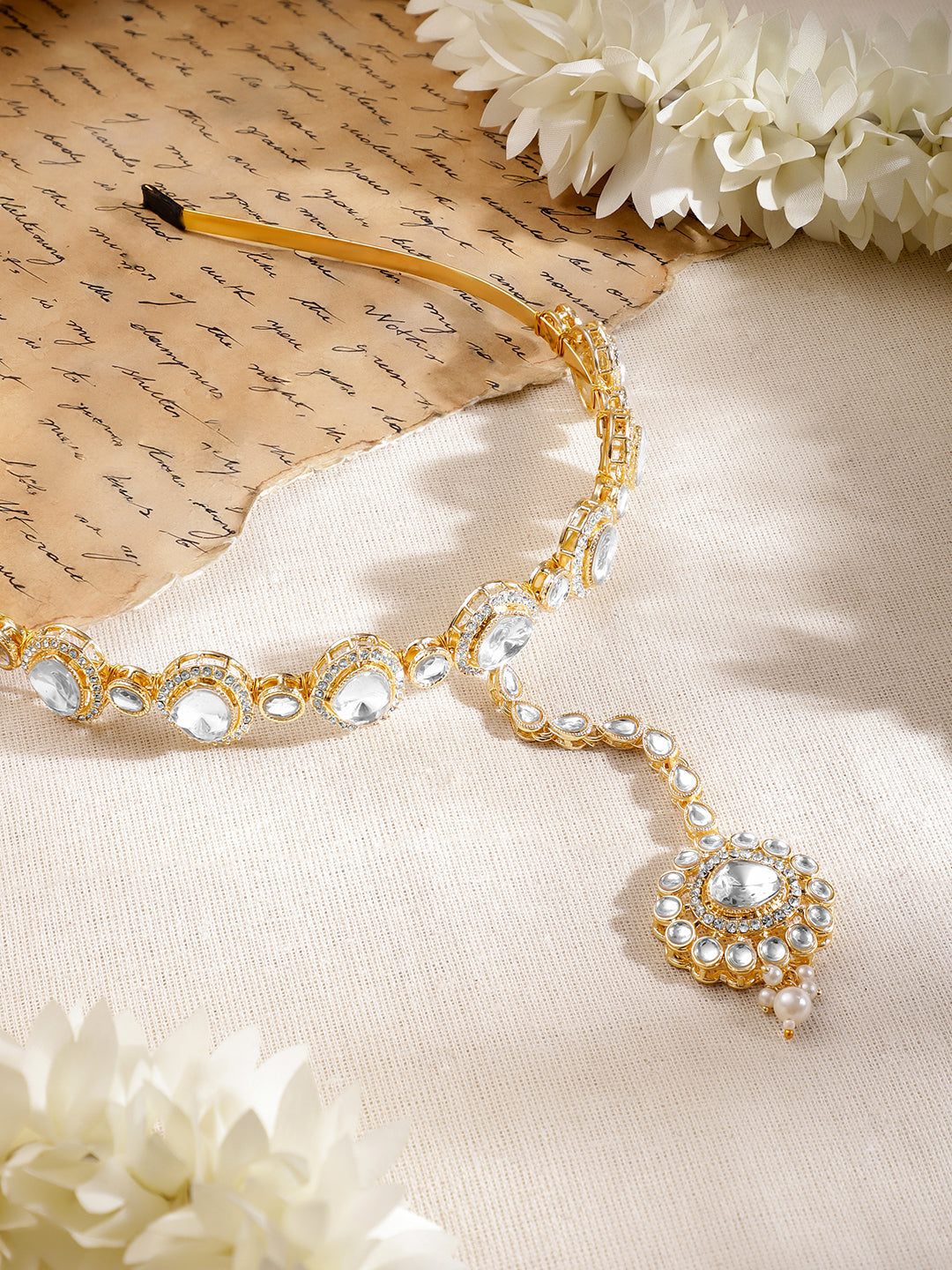 Gold Toned White Studded Kundan Mathapatti フリーサイズ