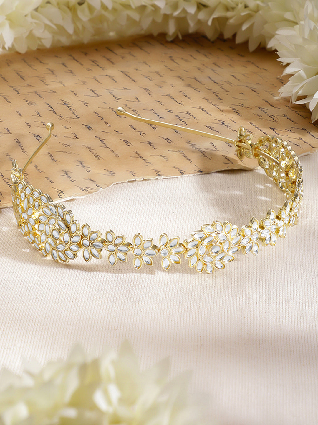 Golden & White Kundan Designer Hair Band フリーサイズ