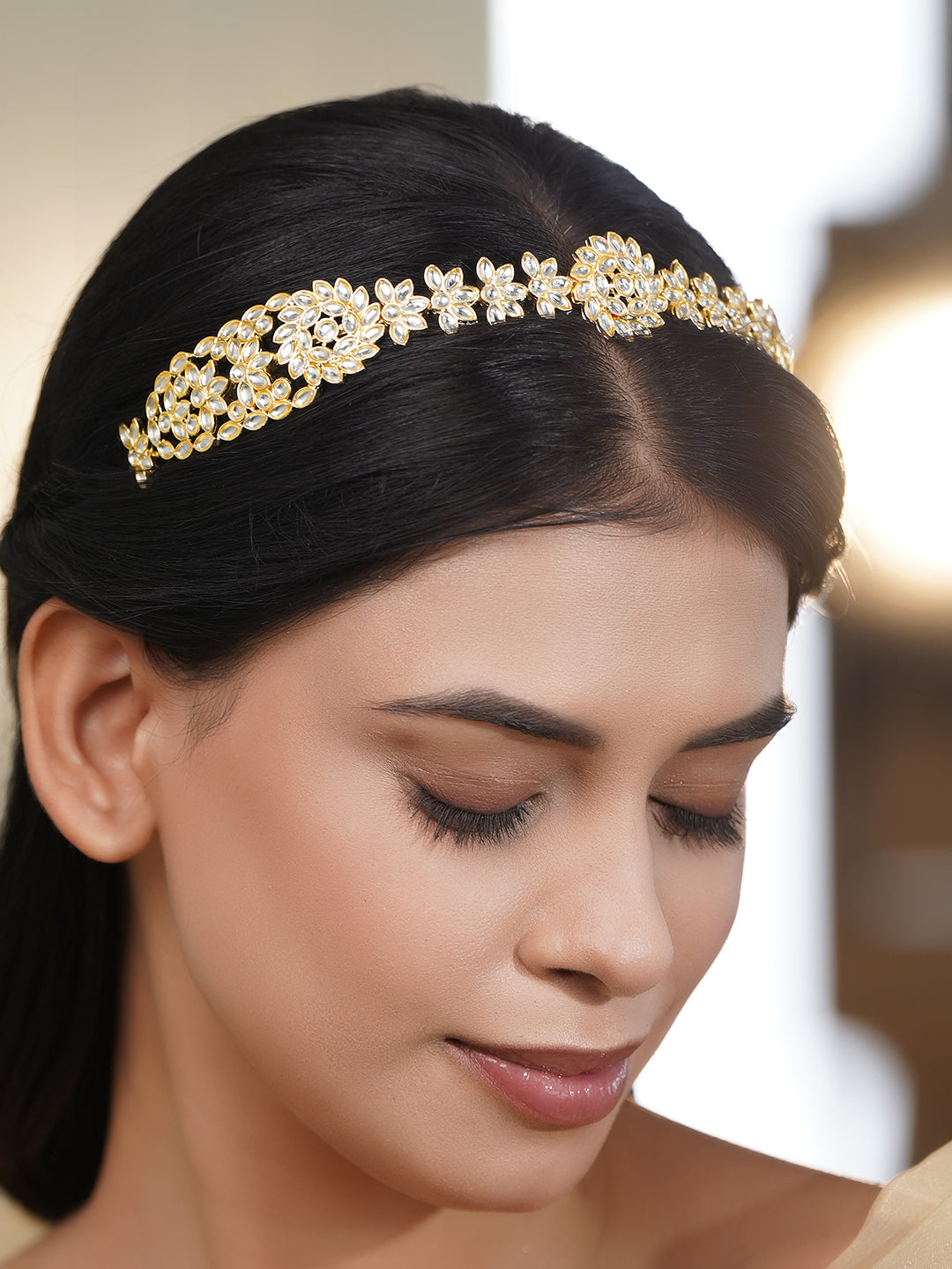Golden & White Kundan Designer Hair Band フリーサイズ