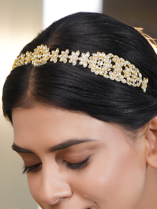 Golden & White Kundan Designer Hair Band フリーサイズ
