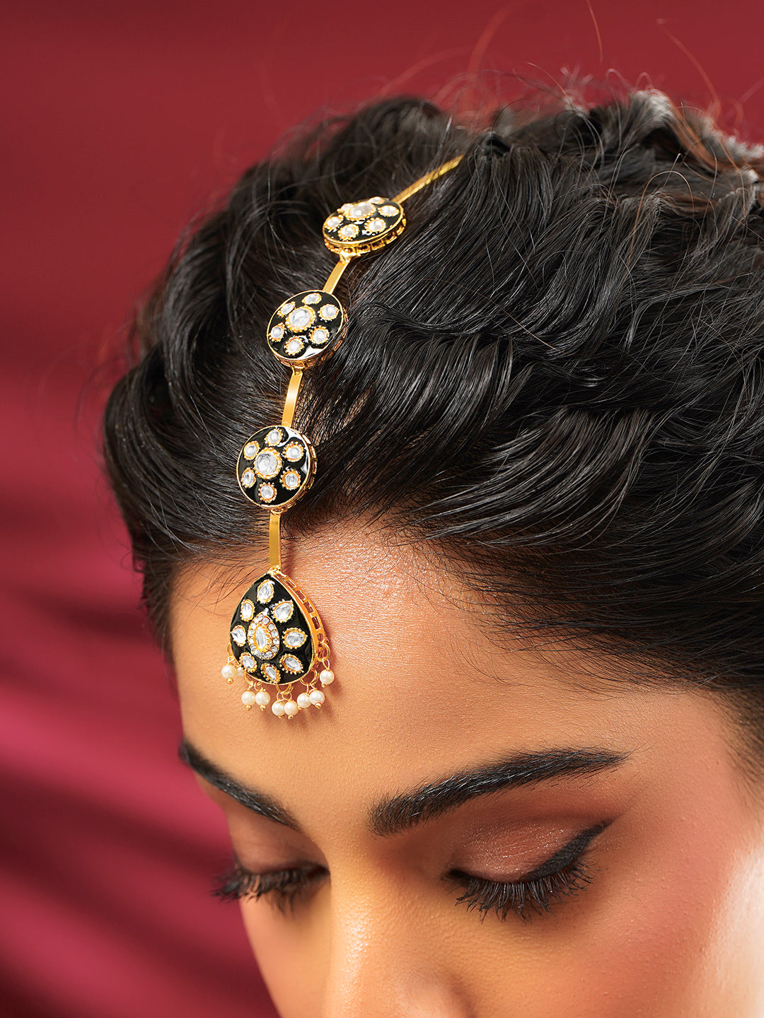 【Rubans】 Gold Plated Black Enamel Kundan Bridal Maang Tikka｜ゴールドメッキ ブラックエナメル クンダン ブライダル マーンティッカ
