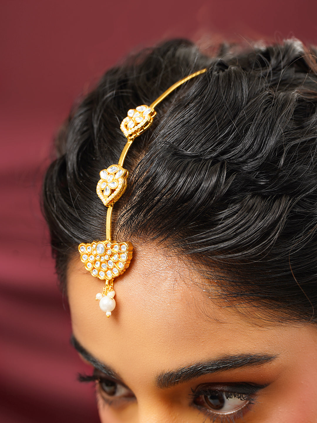 【Rubans】 Gold Plated Pearl Kundan Bridal Maang Tikka｜ゴールドメッキ パール クンダン ブライダル マーンティッカ（額飾り）