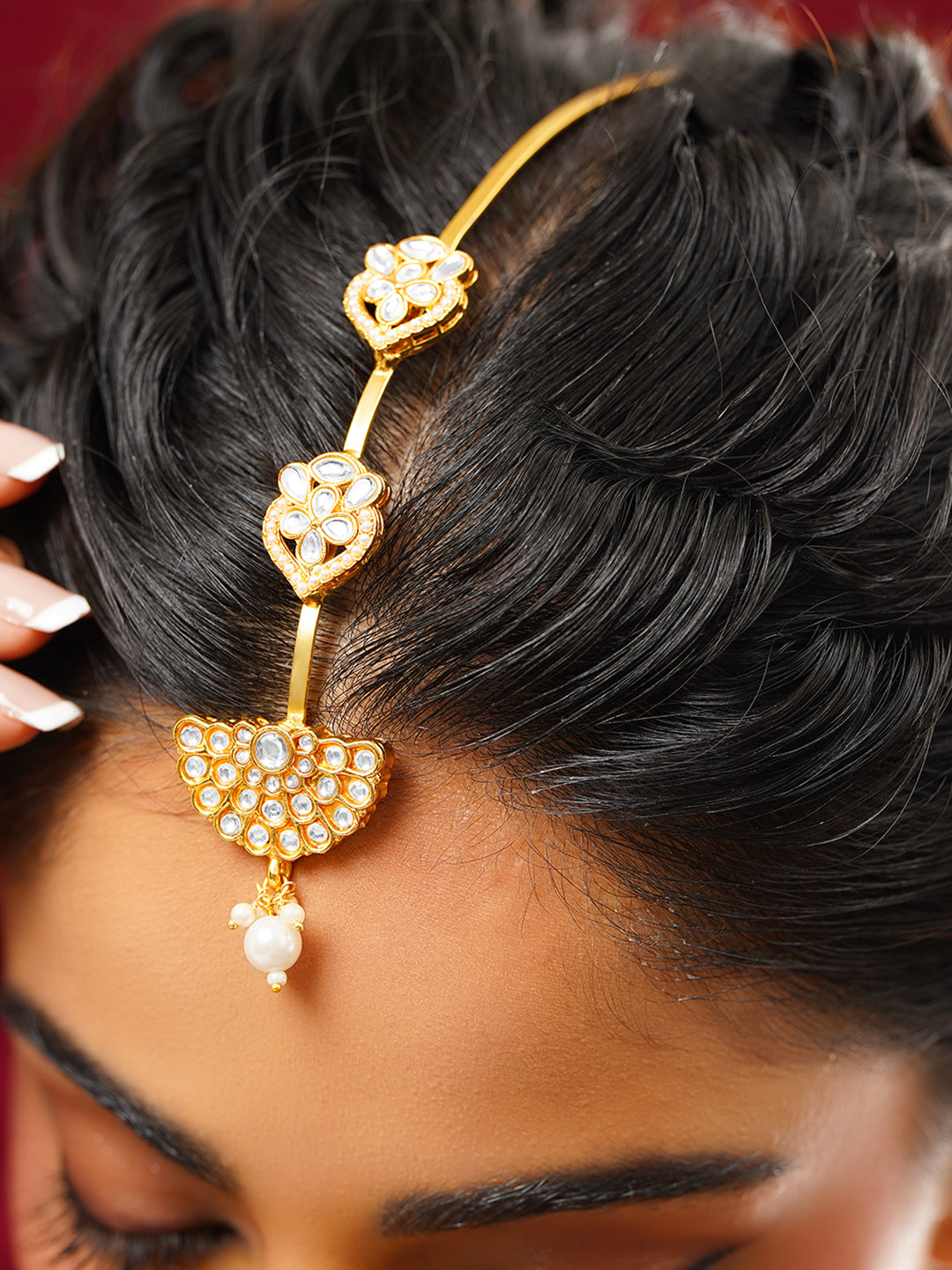 【Rubans】 Gold Plated Pearl Kundan Bridal Maang Tikka｜ゴールドメッキ パール クンダン ブライダル マーンティッカ（額飾り）