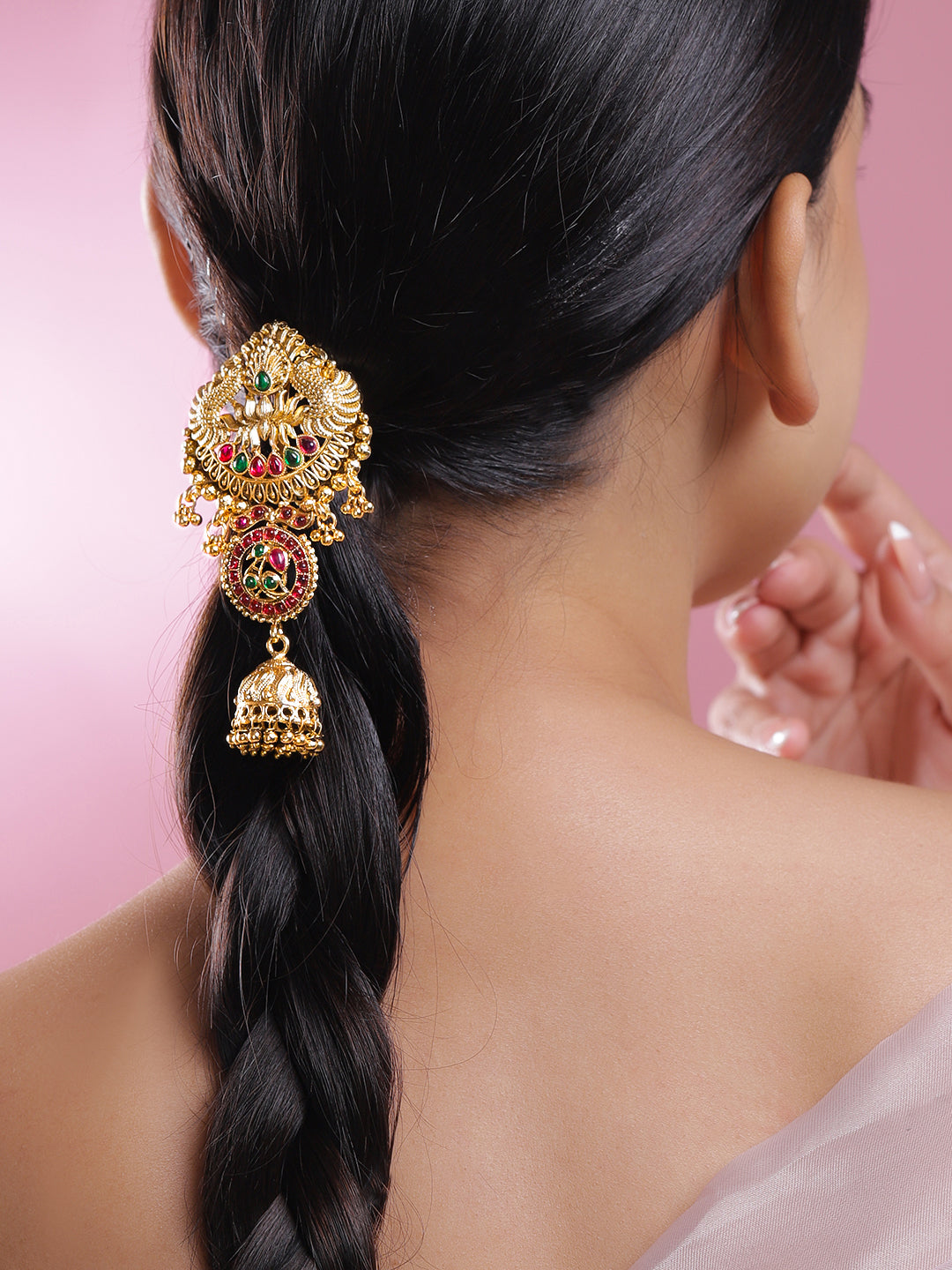 Rubans 18K Gold-Plated Ruby Pink & Emerald Green Stone Studded Temple Braid Hair Accessory with Jhumka Drop フリーサイズ