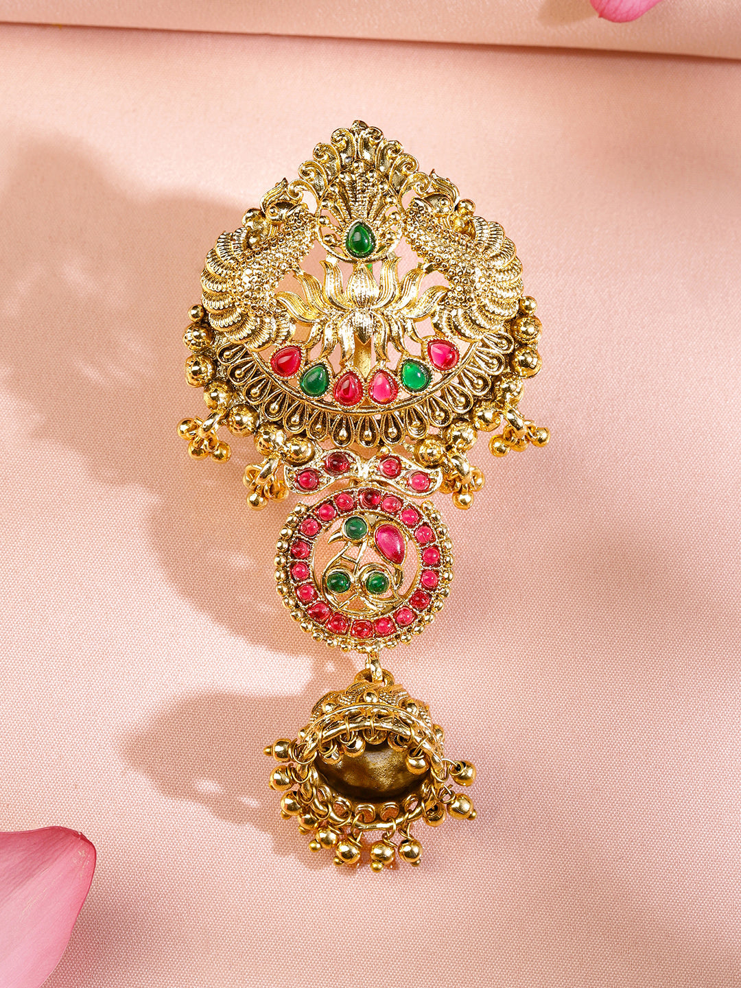 Rubans 18K Gold-Plated Ruby Pink & Emerald Green Stone Studded Temple Braid Hair Accessory with Jhumka Drop フリーサイズ
