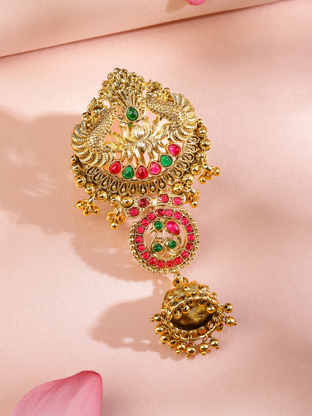 Rubans 18K Gold-Plated Ruby Pink & Emerald Green Stone Studded Temple Braid Hair Accessory with Jhumka Drop フリーサイズ