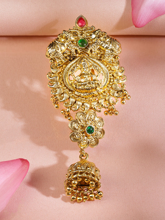 Rubans 22K Gold-Plated Ruby Pink & Emerald Green Stone Studded Temple Braid Hair Accessory with Divine Motif & Jhumka Drop フリーサイズ