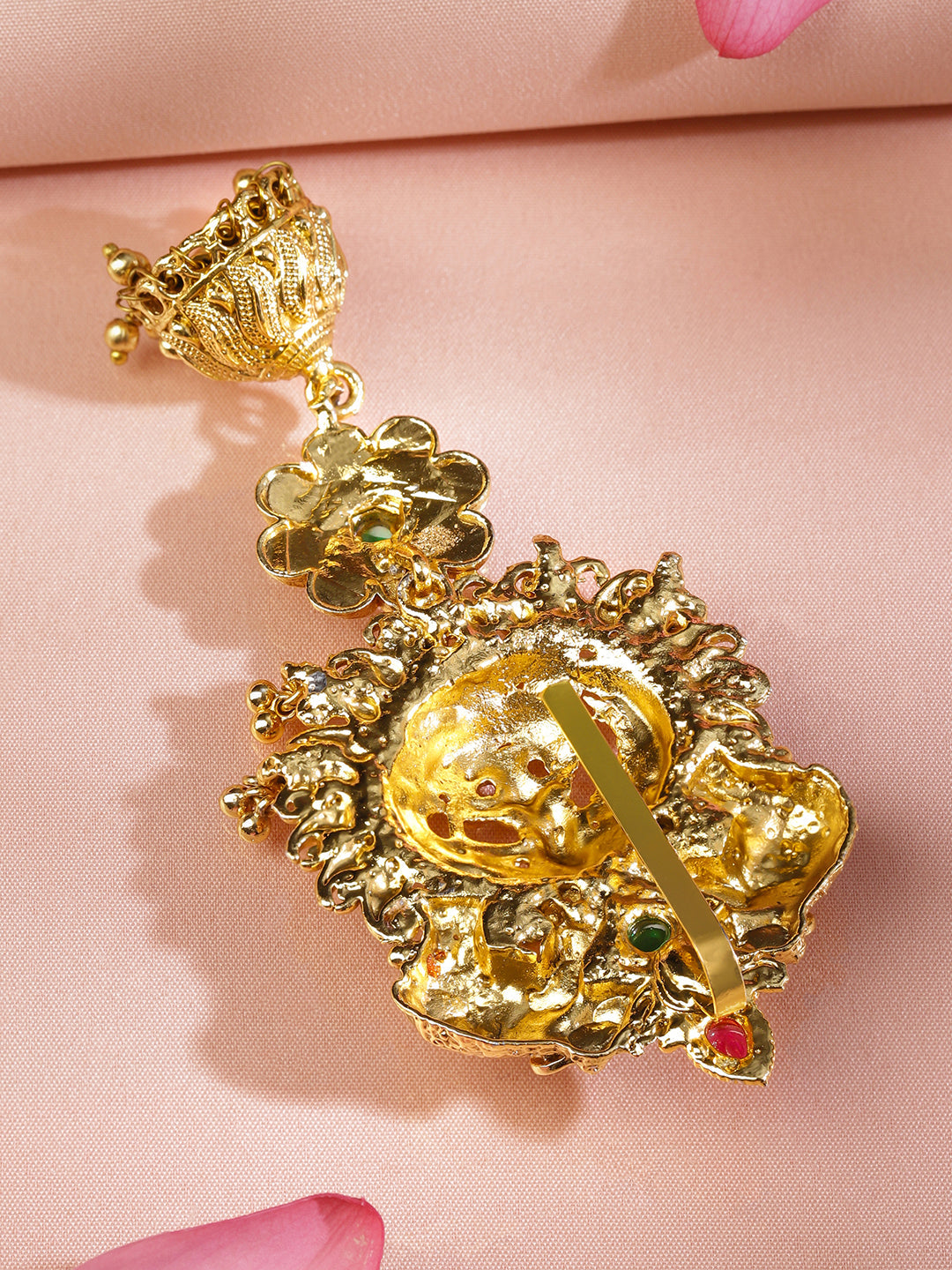 Rubans 22K Gold-Plated Ruby Pink & Emerald Green Stone Studded Temple Braid Hair Accessory with Divine Motif & Jhumka Drop フリーサイズ