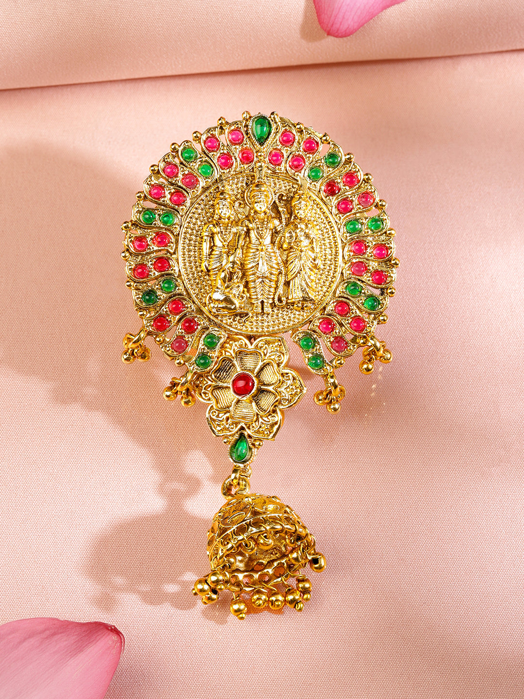 Rubans 22K Gold-Plated Ruby Pink & Emerald Green Stone Studded Ram Darbar Temple Braid Hair Accessory with Jhumka Drop フリーサイズ