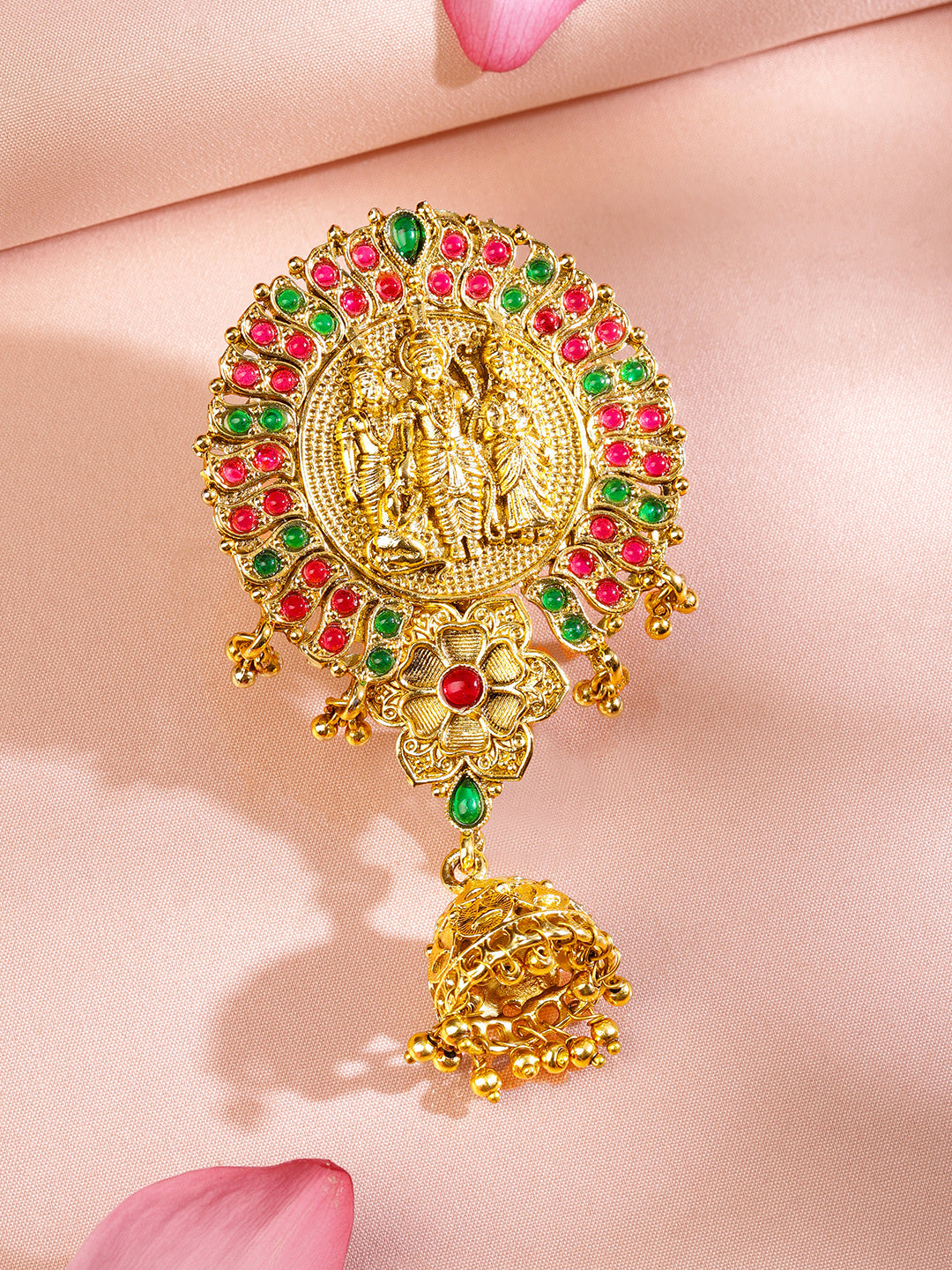 Rubans 22K Gold-Plated Ruby Pink & Emerald Green Stone Studded Ram Darbar Temple Braid Hair Accessory with Jhumka Drop フリーサイズ