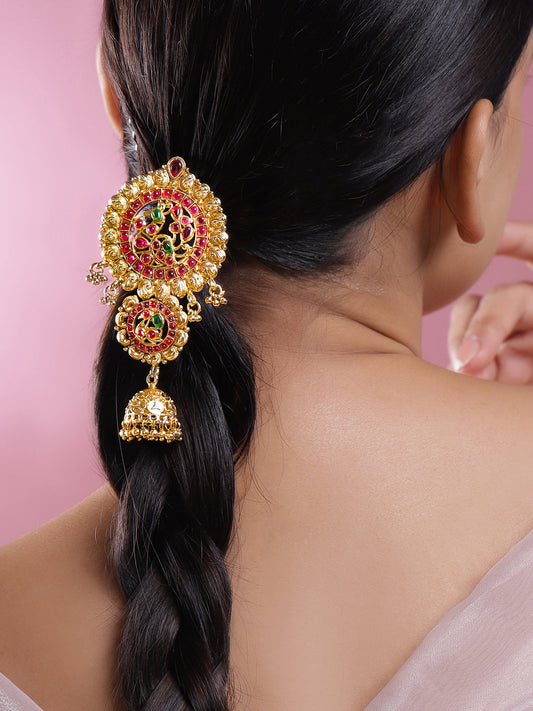 Rubans 22K Gold-Plated Ruby Pink & Emerald Green Stone Studded Braid Hair Accessory with Golden Beads Drop フリーサイズ