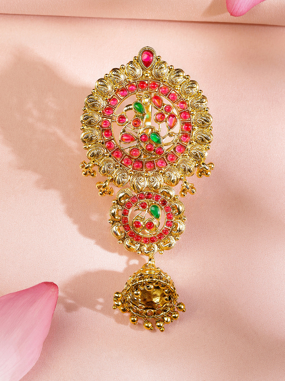 Rubans 22K Gold-Plated Ruby Pink & Emerald Green Stone Studded Braid Hair Accessory with Golden Beads Drop フリーサイズ