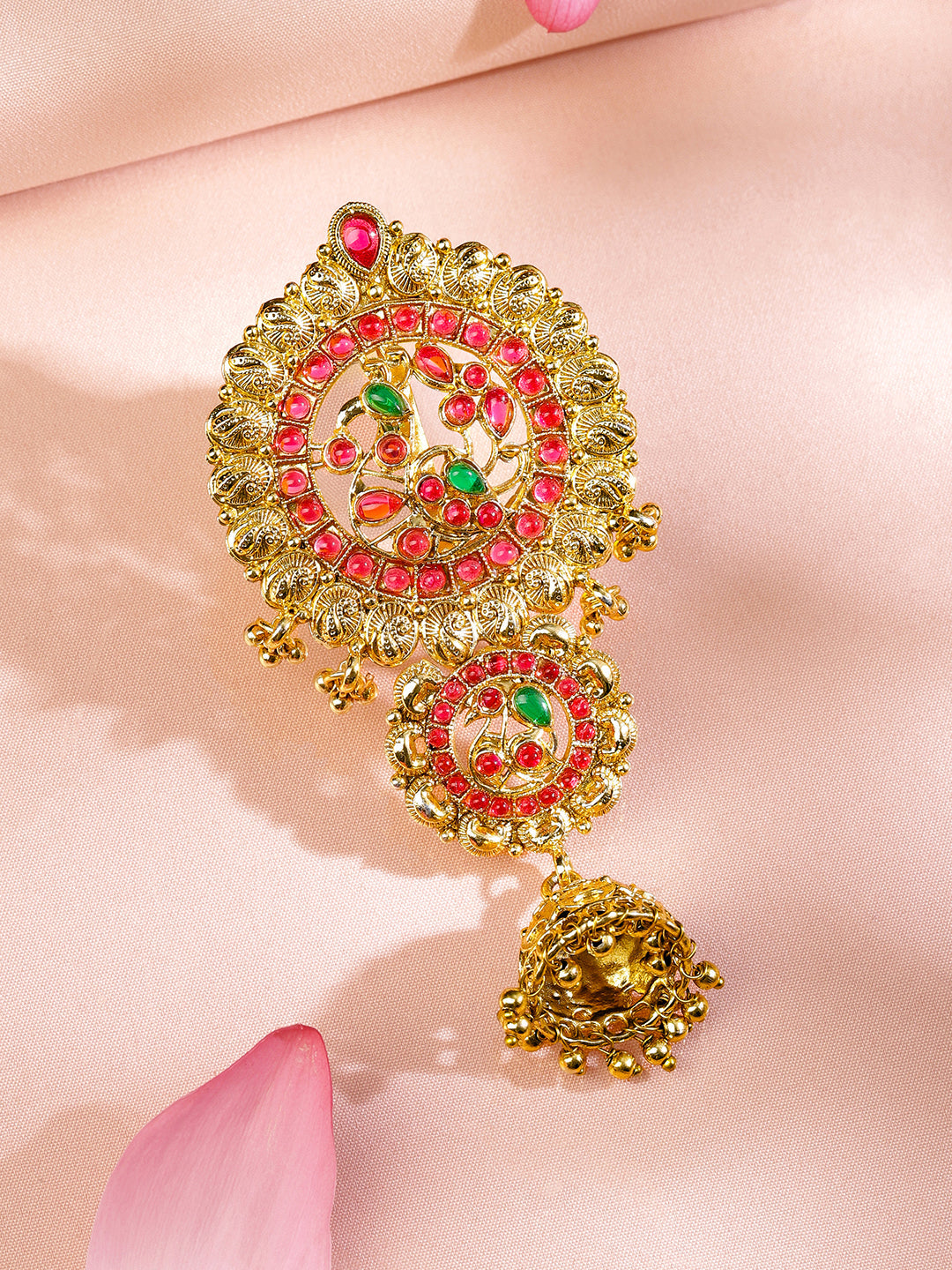 Rubans 22K Gold-Plated Ruby Pink & Emerald Green Stone Studded Braid Hair Accessory with Golden Beads Drop フリーサイズ