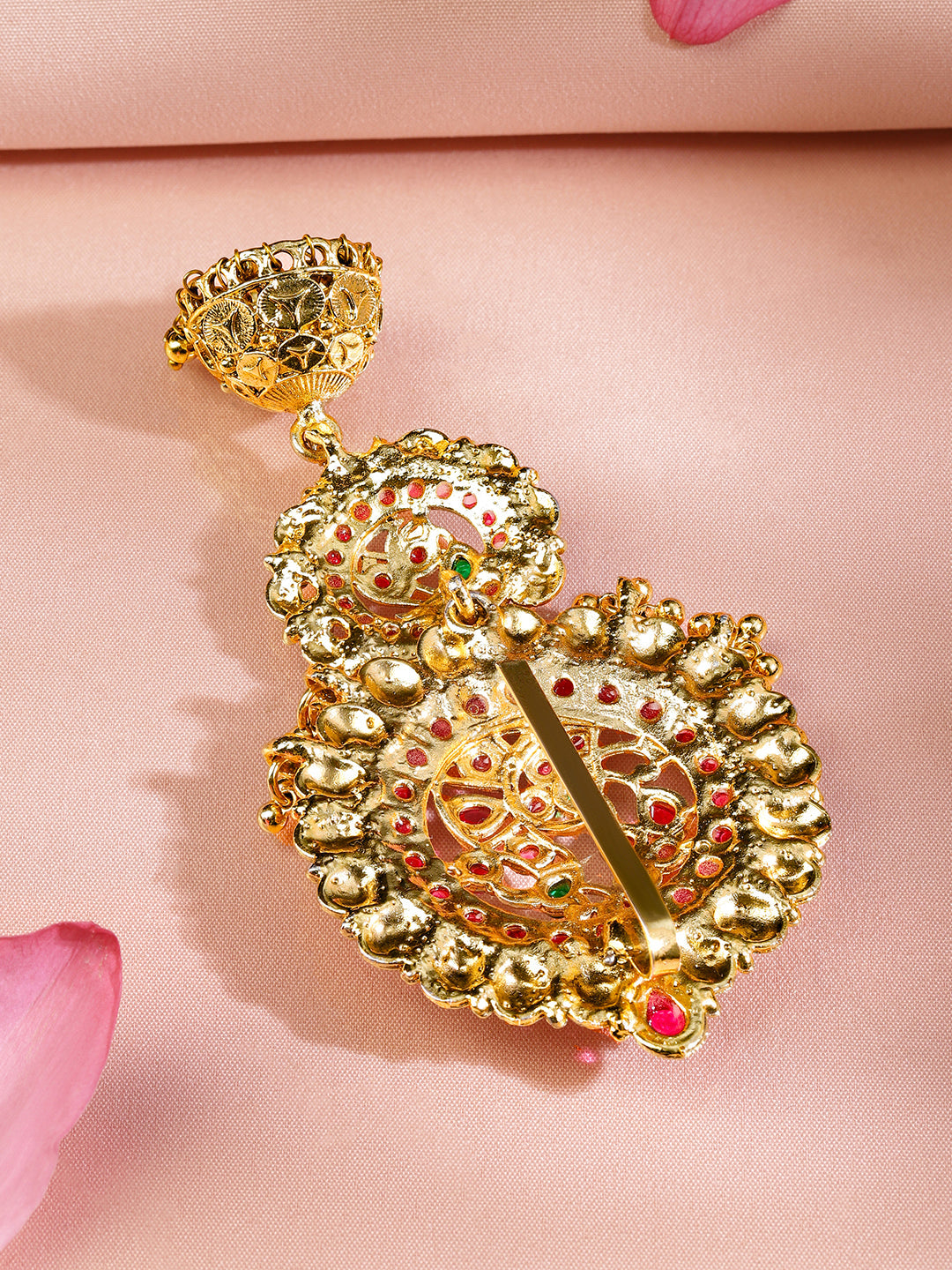Rubans 22K Gold-Plated Ruby Pink & Emerald Green Stone Studded Braid Hair Accessory with Golden Beads Drop フリーサイズ