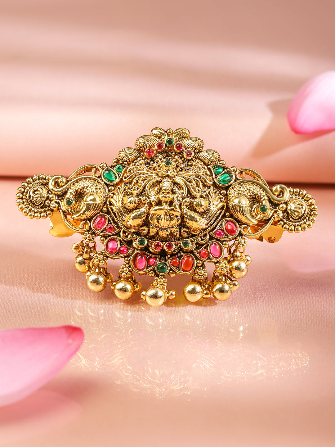 Rubans 22K Gold-Plated Ruby Pink & Emerald Green Stone Studded Goddess Lakshmi Temple Hair Clip with Hanging Beads フリーサイズ