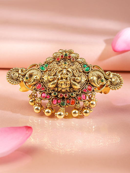 Rubans 22K Gold-Plated Ruby Pink & Emerald Green Stone Studded Goddess Lakshmi Temple Hair Clip with Hanging Beads フリーサイズ
